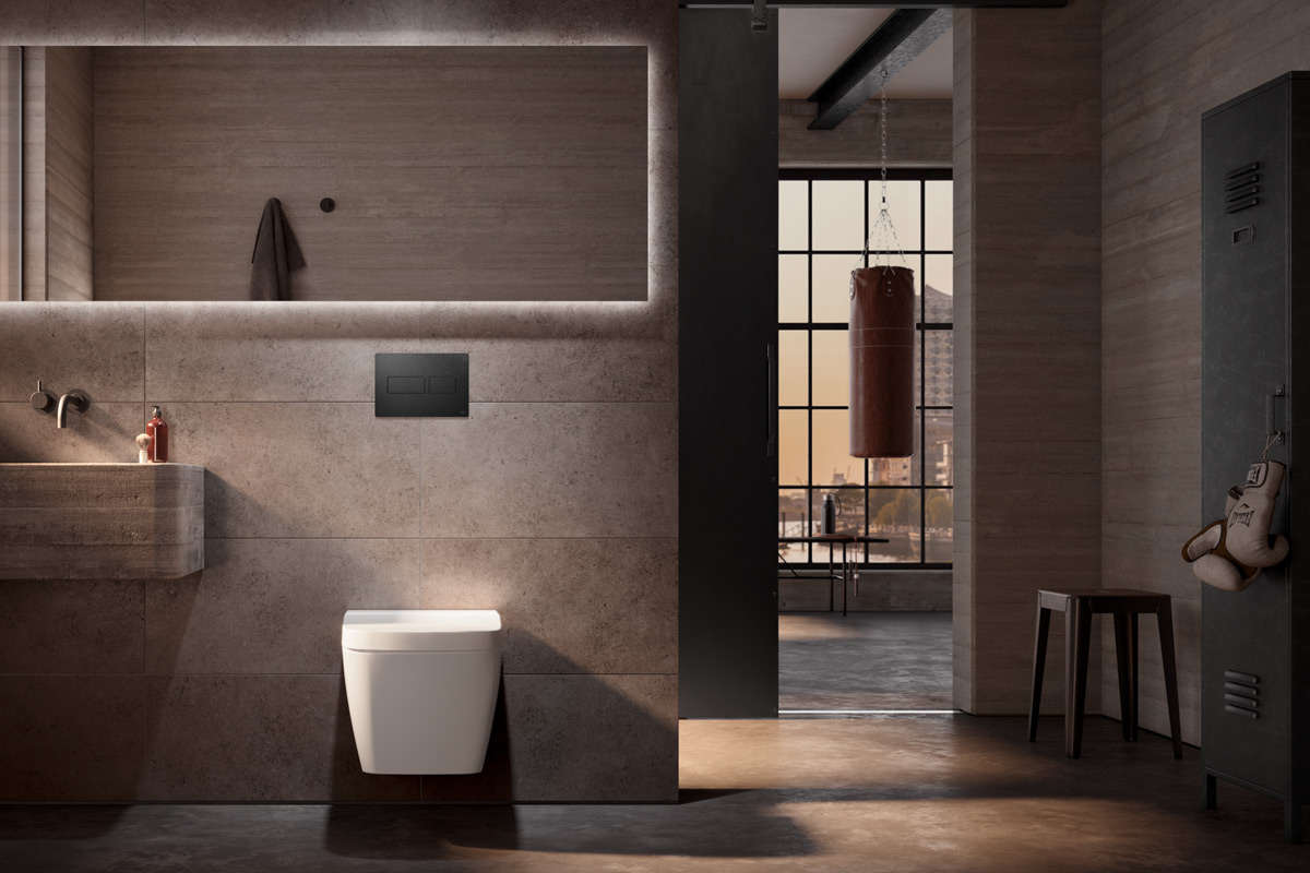 TECEsolid – sada i bez reljefne strukture: snažan karakter u glatkoj formi 1 TECEsolid tipka za aktivaciju WC-a u interijeru kupaonice / photo: TECE