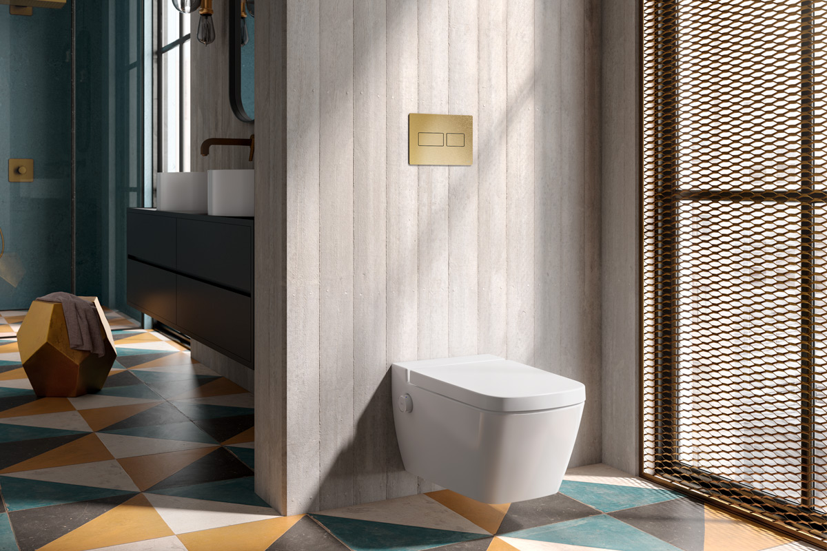 TECEsolid – sada i bez reljefne strukture: snažan karakter u glatkoj formi 2 TECEsolid tipka za aktivaciju WC-a u interijeru kupaonice / photo: TECE