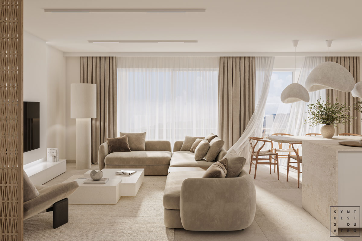 projekt: Synthesis Quatro - Suptilna arhitektura, taktilni doživljaj: Vila Marušići 1 projekt: Vila Marušići, interijer dnevnog boravka / autor projekta: Synthesis Quatro d.o.o. / 3D vizualizacija: Aleksandar Lazić